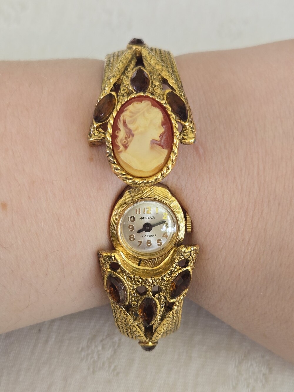 Geneva 17 Jewels Gold-Tone Cameo Bracelet Watch with Amber Stones Vintage